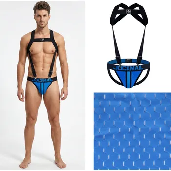 Pánské tanga Modročerný komplet; Jockmail PushUp síťované jocksy s postrojem Velikost: XL Síťované; Vyzývavé