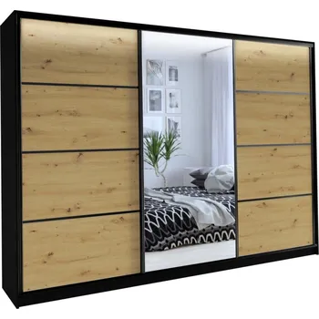 Šatní skříň Nejlevnější nábytek Harazia 250 se zrcadlem - černý mat / dub artisan