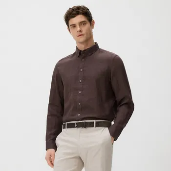 Reserved - Lněná košile regular fit - tmavě hnědá - 555HT-89X - 555HT-89X-L