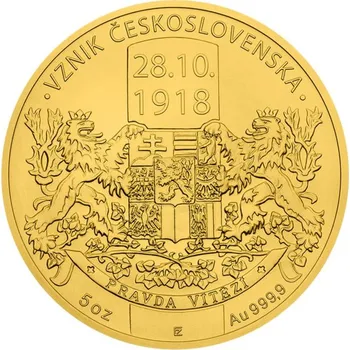 Zlatá pětiuncová mince Vznik Československa standard