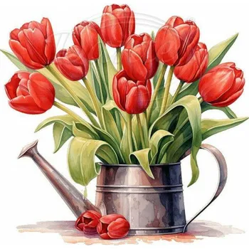 Textilní nažehlovací páska Dante Nažehlovačka Červené tulipány v konvi - 12 x 12 cm