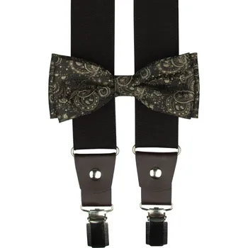 Kšandy Tmavě hnědý pánský set s paisley vzorem – kšandy, motýlek a kapesníček