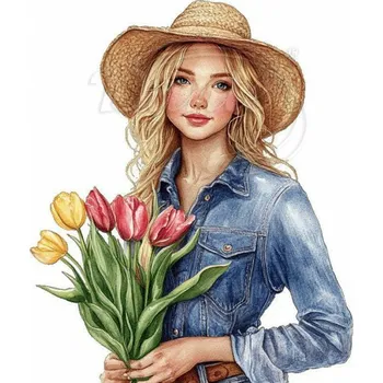 Textilní nažehlovací páska Dante Nažehlovačka Dívka s tulipány - 10 x 12 cm