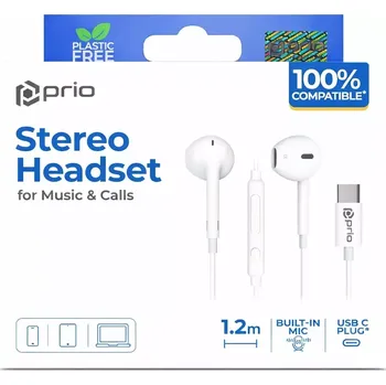 Sluchátka Hands Free PRIO USB C, s mikrofonem, barva bílá