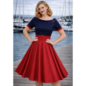 Dámské šaty Dolly & Dotty šaty Darlene - Navy & Red Velikost: 5XL (UK 24)