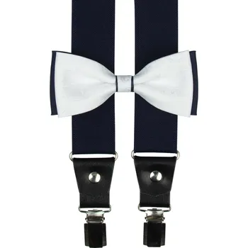 Kšandy Tmavě modrý pánský set s bílým ornamentem – kšandy, motýlek a kapesníček