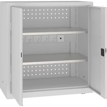 Dílenská skříň s možnosti nabíjení elektronářadí, 2 police, v x š x h: 1040x1000x500 mm, barva šedá RAL7035