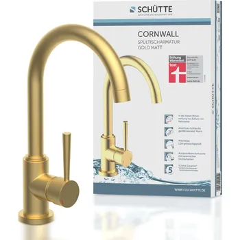 SCHÜTTE kuchyňská baterie CORNWALL, kuchyňská baterie s funkcí úspory energie, jednopáková baterie 360° otočná výtoková trubice, matná zlatá barva | 79167