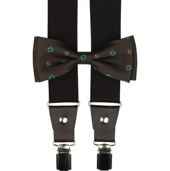 Kšandy Tmavě hnědý pánský set s tyrkysovými květy – kšandy, motýlek a kapesníček