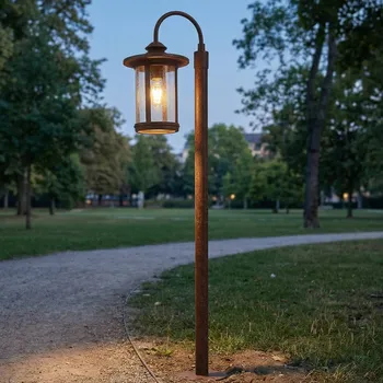Venkovní osvětlení Osvětlení cesty Lindby Zayn, barva rezavá, sklo, výška 109 cm, IP65 - Základna - Ø 15 cm, výška 0,4 cm; stínidlo na lampu - Ø 19 cm, výška 26 cm rezavý, průhledný 1 x 15 W LED - Doprava zdarma