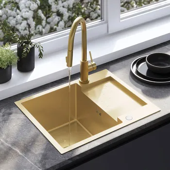 Granitový dřez Rea Paul, 1-komorový ocelový dřez 600x480x185 mm, zlatá matná, ZLE-06010