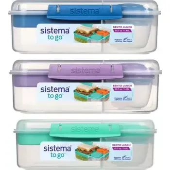 Dóza na potraviny SISTEMA Svačinový box dělený To Go Bento Lunch s nádobou na jogurt a 2 tácky 1,65 l, fialová