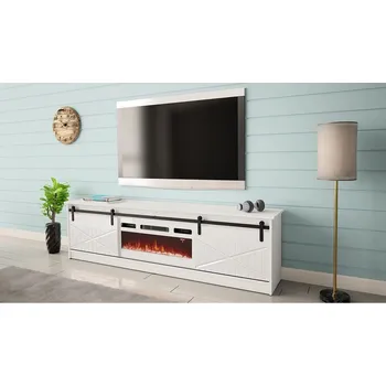 Televizní stolek TV stolek s elektrickým krbem MITSUKO - bílý / lesklý bílý