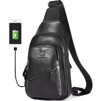 Bullcaptain kožená taška přes rameno s USB Makar Černá 5L