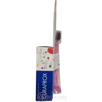 Zubní kartáček CURAPROX Kids 2+ BEZ FLUORIDU + Baby dětská zubní pasta, příchuť jahoda 60 ml + dětský zubní kartáček