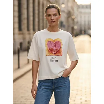 Sinsay - Bavlněná košilka s potiskem - krémová - 139HA-01X - 139HA-01X-XS