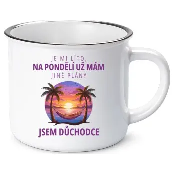 Žertovný předmět Na pondělí už mám jiné plány - jsem důchodce - keramický smaltovaný hrneček s potiskem- Tričkový.cz