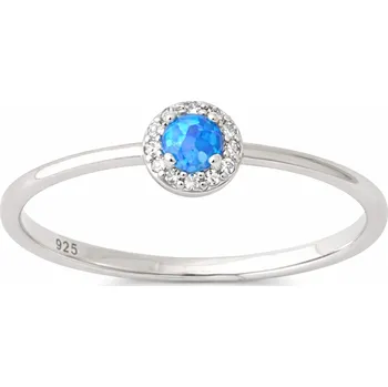 Prsten Stříbrný prsten s modrým opálem a zirkonovým lemem - jemný třpyt v odstínech modrého nebe ve velikosti 59