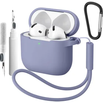 Příslušenství pro sluchátka Kompletní silikonové pouzdro pro Apple AirPods 4 s karabinou, čisticím perem a poutkem na ruku, ochranný kryt a příslušenství levandulová