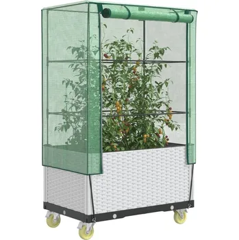 Vyvýšený záhon vidaXL Vyvýšený záhon s kolečky a skleník ratanový vzhled 80x50x182 cm [4015836] Barva: Bílá