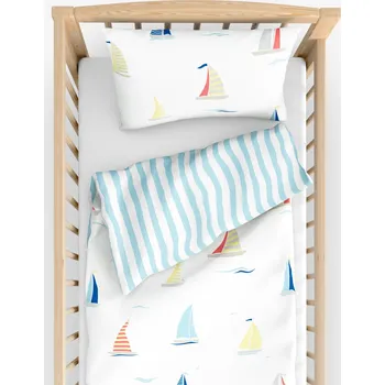 Povlečení Dětské bavlněné povlečení do postýlky - Plachetnice s modrými proužky 90 x 120 a 40 x 60 cm