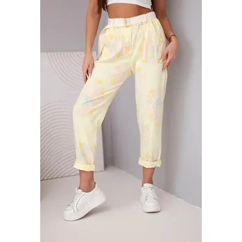 Dámské oblečení Dámské viskózové kalhoty s květinovým vzorem a páskem žluté UNI