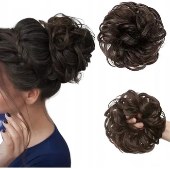 Příčesek Syntetické umělé vlasy k připnutí – Drdol / Vlnitý culík, tmavě hnědá