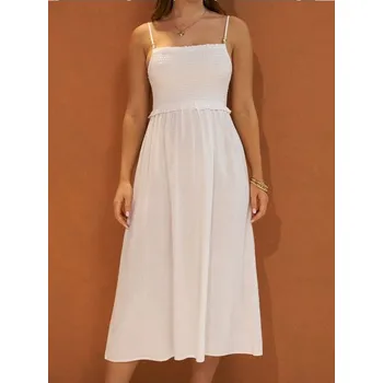 Dámské šaty Sinsay - Viskózové midi šaty na ramínkách s příměsí lnu - krémová - 536DA-01X - 536DA-01X-XL