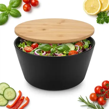 MISKA 4L ČERNÁ S BAMBUSOVÝM VÍKEM NA SALÁT ZELENINY PEČIVO Ø25 CM