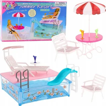 Doplněk pro panenku Letní Resort pro Panenky - Bazén, Skluzavka, Lehátka a Slunečník