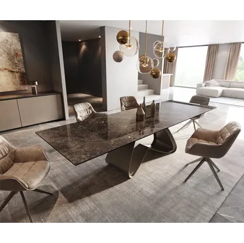 Jídelní stůl DELIFE Jídelní stůl Edge 200-300x100 keramika Laminam® Emperador Extra Lucidato tmavě hnědý podnož ve tvaru W titanová efektová úprava rozkládací