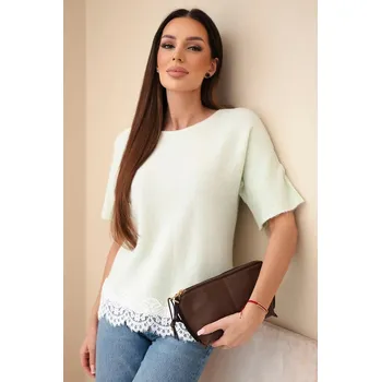 Dámský svetr Dámský svetr s krátkým rukávem a krajkou mátový UNI