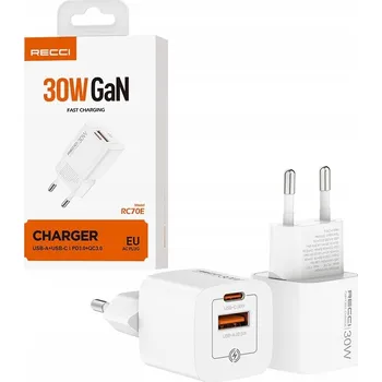 VÝKONNÁ RYCHLÁ SÍŤOVÁ NABÍJEČKA GaN 2x USB-C/USB 30W SILNÝ NAPÁJECÍ ADAPTÉR RECCI