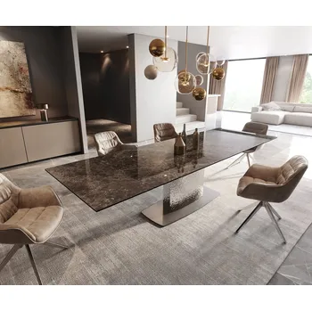 Jídelní stůl DELIFE Jídelní stůl Edge 200-300x100 keramika Laminam® Emperador Extra Lucidato tmavě hnědá Wave nerezová ocel rozkládací