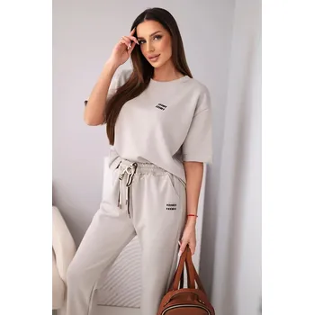 Dámská halenka Dámský komplet viskózový máslový s krátkým rukávem a kalhotami s ohrnutým lemem tmavě béžový UNI