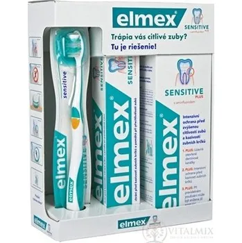 Ústní voda ELMEX SENSITIVE PLUS SYSTÉM NA CITLIVÉ zubních krčků zubní kartáček 1ks + zubní pasta 75 ml + ústní voda 400 ml,