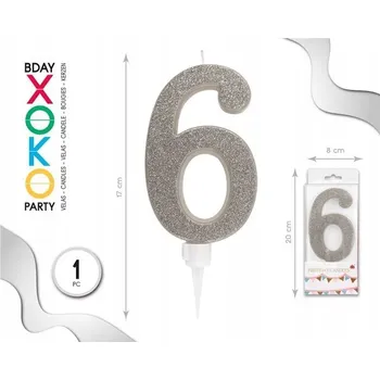 Dortová svíčka Svíčka číslice 6 stříbrná brokátová - dekorace na dort