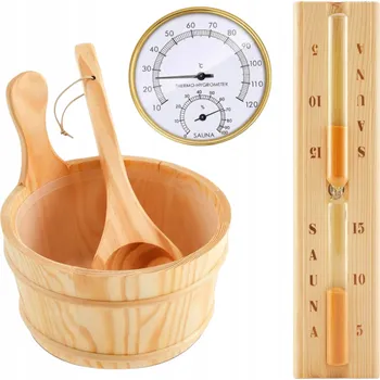 DŘEVĚNÁ SADA DOPLŇKŮ DO SAUNY - VĚDRO, NABĚRAČKA, TEPLOMĚR, PŘESÝPACÍ HODINY