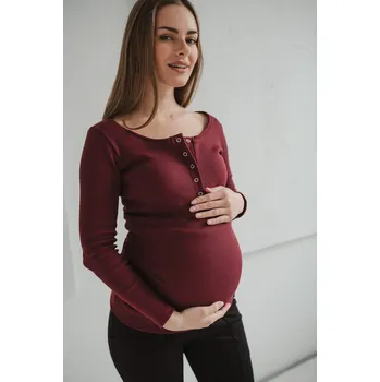 Těhotenské a kojicí tričko Tummy – bordó, dlouhý rukáv, žebrovaná bavlna Velikost: S