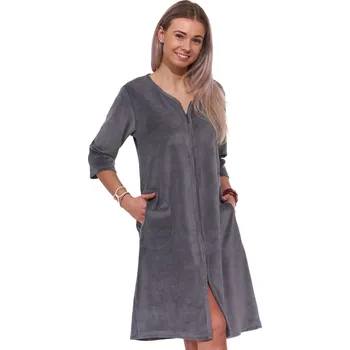 Dámský župan Tmavě šedý elegantní hřejivý župan na zip ze sametu pro plnošíhlé ženy či dívky - velur 1TB0058 šedá 3xl