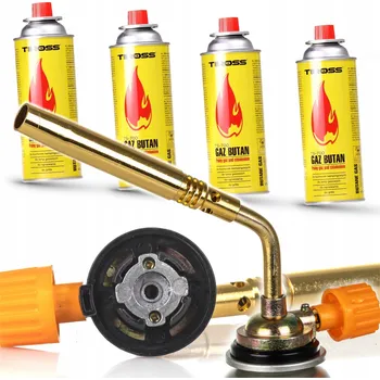 Turistický vařič Plynový hořák na kartuše, mosazná tryska, dlouhá lance + 4 plynové kartuše ALPEN