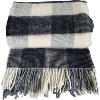 deka Vlněná deka s třásněmi 150x200 cm, novozélandská vlna, černobílá kostka