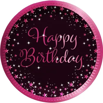 Jednorázové nádobí Riethmuller Papírové talířky Happy Birthday černé s růžovými okraji 8ks 23cm
