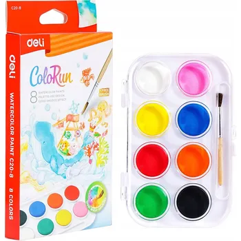 Vodová barva Školní akvarelové barvy 8 ŽIVÝCH BAREV se štětcem, Deli Colorun EC20