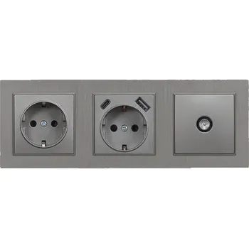 Elektrická zásuvka Zásuvka Nova, USB, TV konektor s šedým kartáčovaným rámečkem