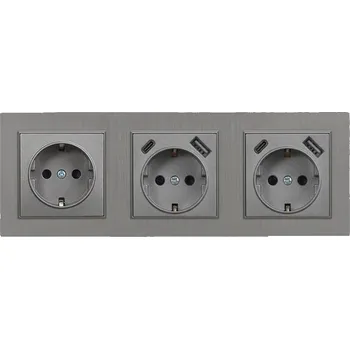 Elektrická zásuvka Zásuvka Nova III se dvěma USB porty a šedým kartáčovaným rámečkem