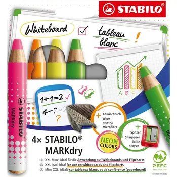 Kniha Suchý popisovač na tabuli a flipchart STABILO MARKdry Neon 4ks + ořezávátko a hadřík