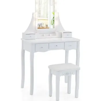 Toaletní stolek Toaletní stolek s LED osvětlením, 5 zásuvkami a stoličkou HU10542DE-WH, bílý - B COSTWAY