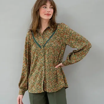 Košilová halenka s macramé a potiskem květin khaki/oranžová 40