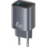 Síťová nabíječka GaN 45 W s USB‑C a USB‑A, stříbrná